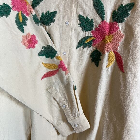 Sezane Maxy Top Shirt Oversized Beige Fits 16 & Up Floral Embroidered Button Up - Picture 13 of 15